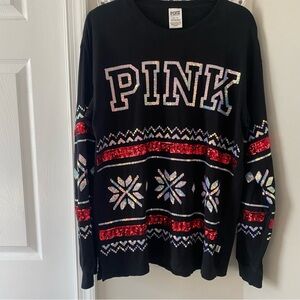 PINK Victoria's Secret Winter Holiday Fair Isle Bling Top Sz M Festive Snowflake